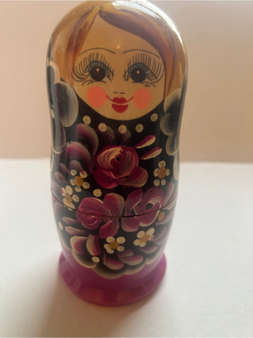 Hand-Painted Black and Pink Russian Nesting Doll - Matreshka, 6.5” high, 5 pics